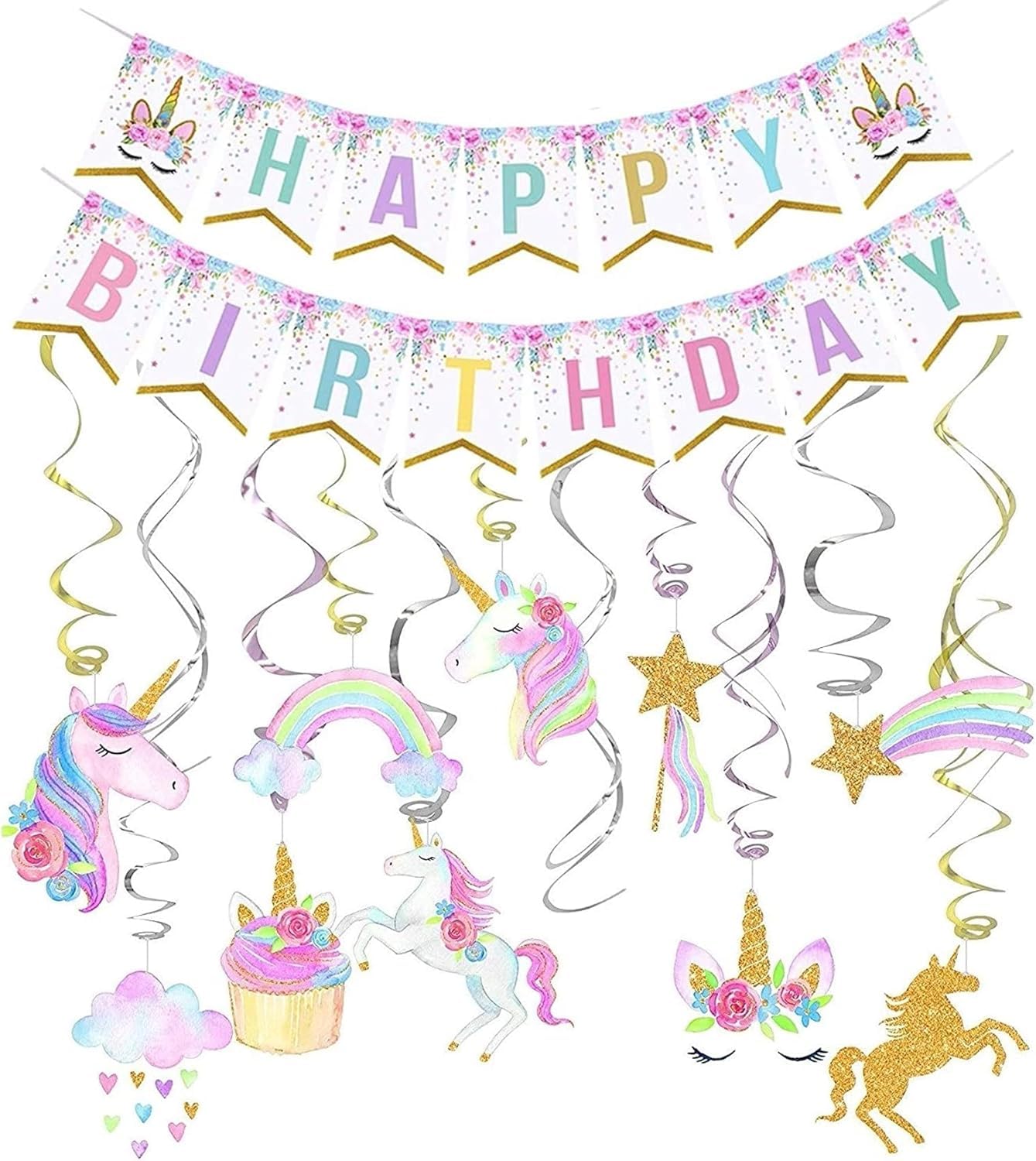 Kocici Unicorn Birthday Decorations, Rainbow Unicorn Party Supplies with Banner and Hanging Swirls