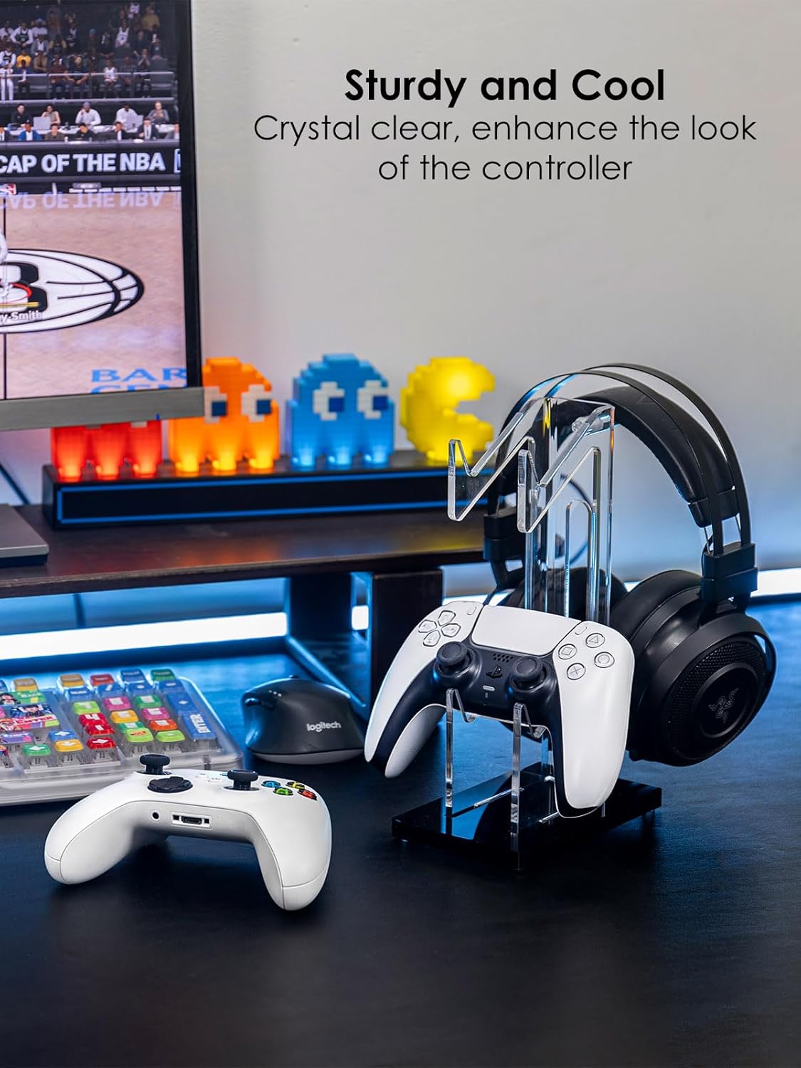 OAPRIRE Headset and Controller Stand, Space-Saving 2 Tier Game Controller Holder, Acrylic Controller and Headset Stand for Desktop, Universal Design Compatible with PS5/PS4/Xbox/Switch (Deep Black)