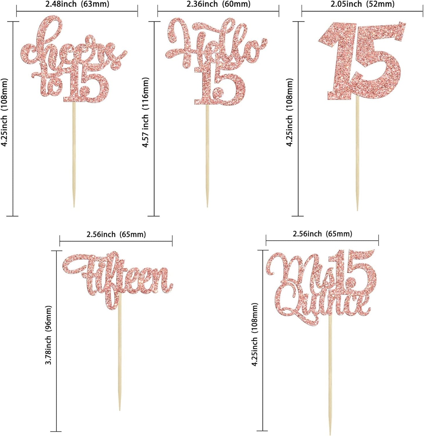 30Pcs 15th Birthday Cupcake Toppers Fifteen Cupcake Picks Cheers to 15 Years Old Mis Quince 15 Cake Decorations for 15th Birthday Anniversary Party Rose Gold Glitter