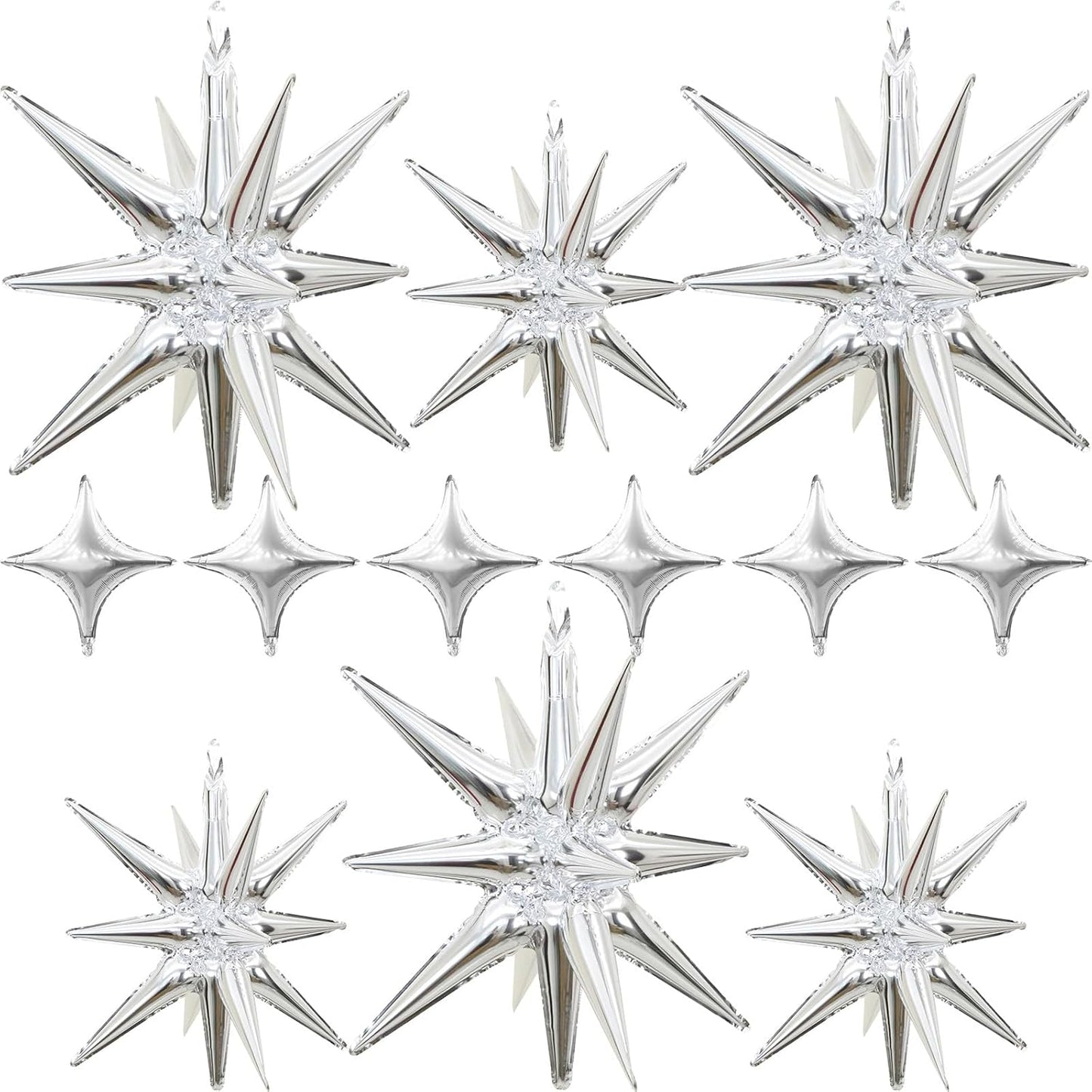 Silver Star Balloons 12pcs, 27/22 Inch Foil Star Explosion Balloons, Large Spike Mylar Cone Balloon, Fireworks Shape Balloon for Bachelorette Anniversary New Year Graduation Birthday