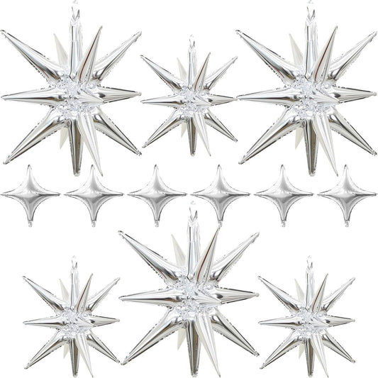 Silver Star Balloons 12pcs, 27/22 Inch Foil Star Explosion Balloons, Large Spike Mylar Cone Balloon, Fireworks Shape Balloon for Bachelorette Anniversary New Year Graduation Birthday