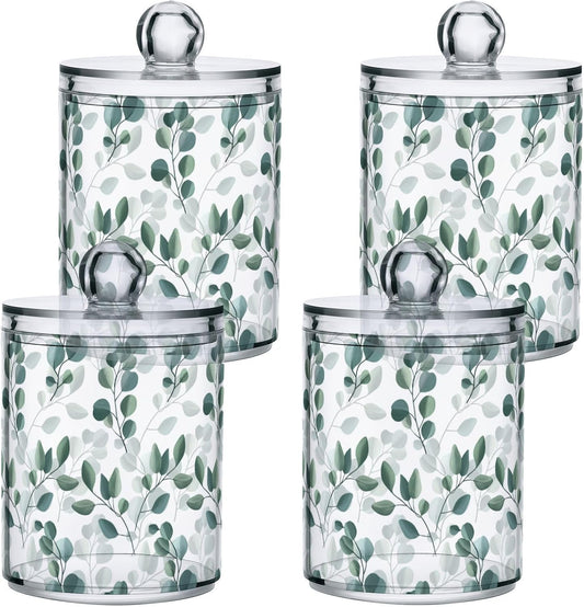 Qtip Holder Dispenser 4 Pack Green Watercolor Floral Leaves Apothecary Jars with Lids Bathroom Vanity Countertop Canister Storage Organizer for Cotton Ball,Swabs,Pads,Floss
