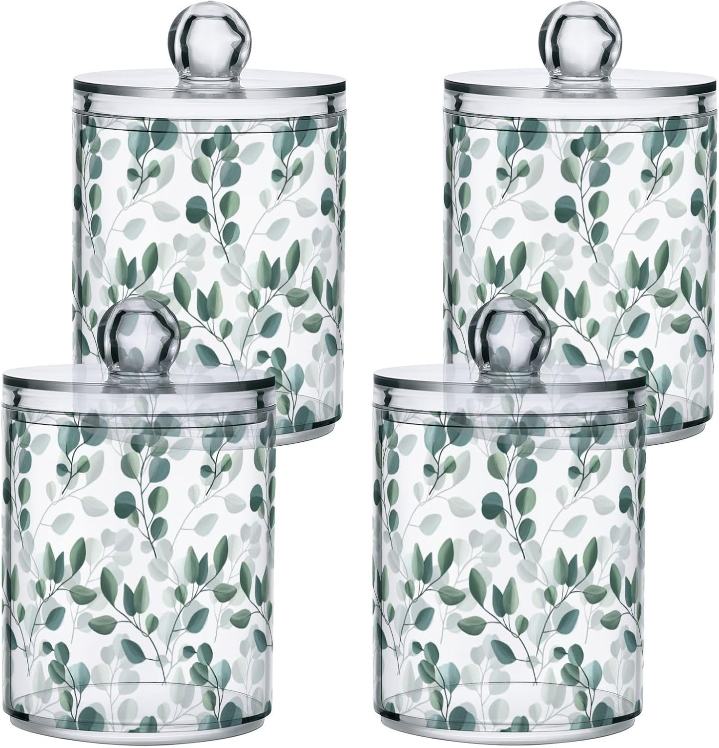 Qtip Holder Dispenser 2 Pack Green Watercolor Floral Leaves Apothecary Jars with Lids Bathroom Vanity Countertop Canister Storage Organizer for Cotton Ball,Swabs,Pads,Floss