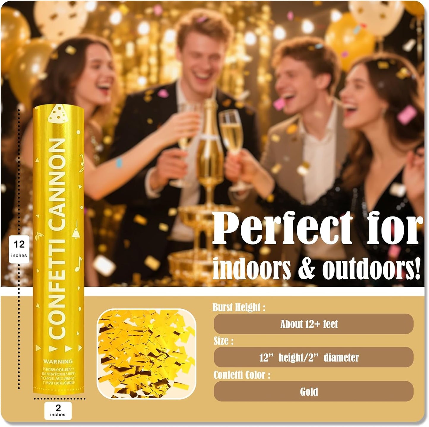 Gold Confetti Cannon Set of 5 | Long-Range Confetti Poppers for Birthdays, Graduations, Weddings, and Celebrations