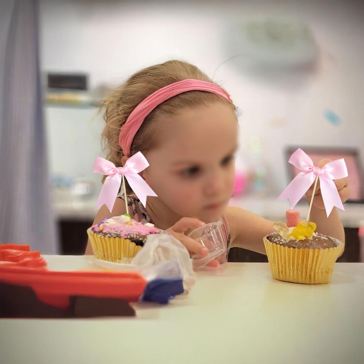 Ephlyn 24Pcs Pink Bow Cupcake Toppers Bow Cake Topper Birthday Decorations Mini Bowknot Cupcake Picks for Coquette Theme Party Decoration Bachelorette Bridal Engagement Wedding Party Pink