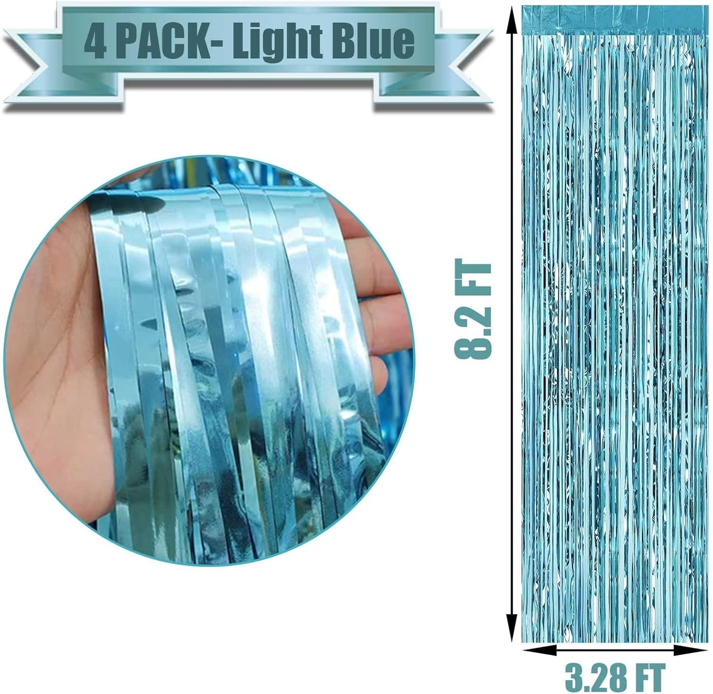 4 Pack Light Blue Foil Fringe Curtain Backdrop, 3.28Ft x 8.2Ft Metallic Tinsel Foil Fringe Streamer Curtains for Photo Booth Props, Birthday, Wedding, Christmas Decoration Party Supplies New