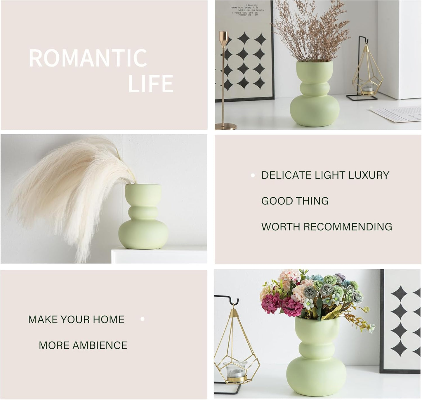 Ceramic Vase Green Modern Dried Flower Vase, Matte Pampas Flower Vases, Boho Home Decor for Centerpiece Wedding Dinner Table Party Living Room Office Bedroom, Housewarming Gift