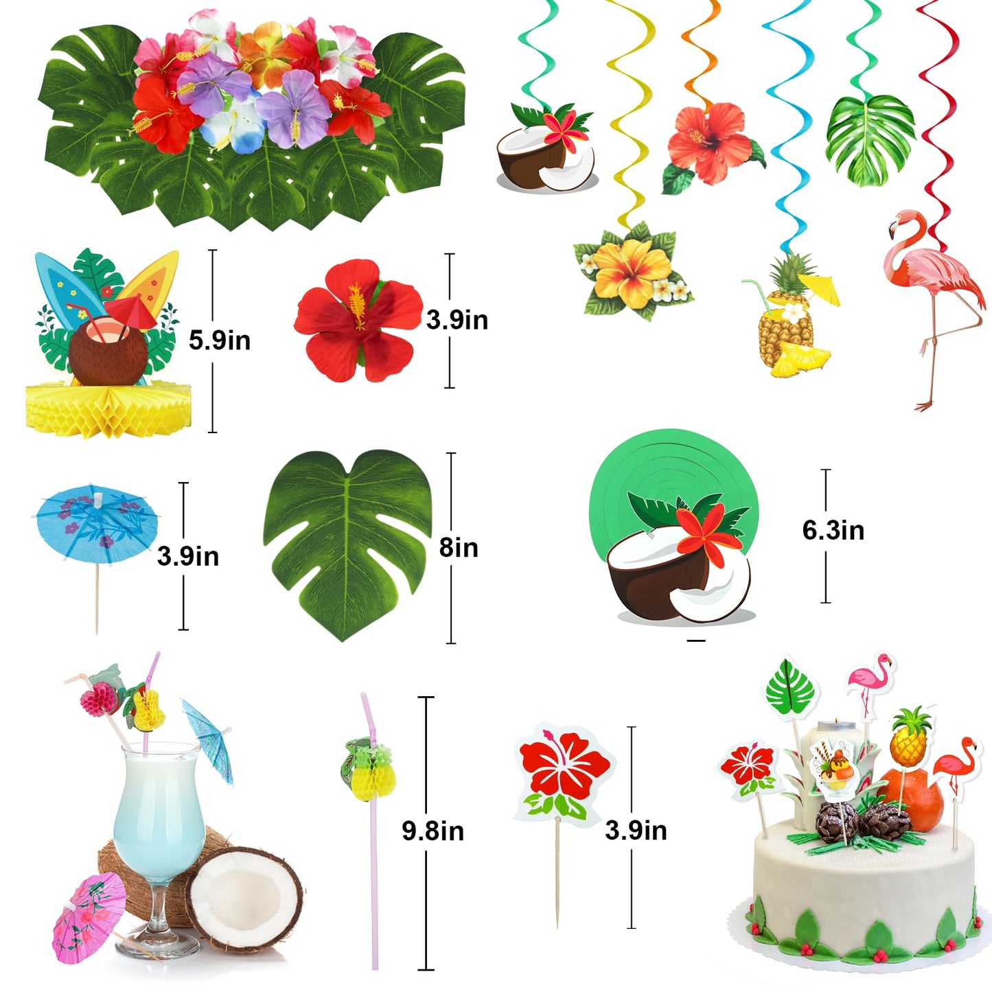 153Pcs Hawaiian Aloha Luau Party Decorations, Tropical Summer Beach Birthday Supplies Grass Table