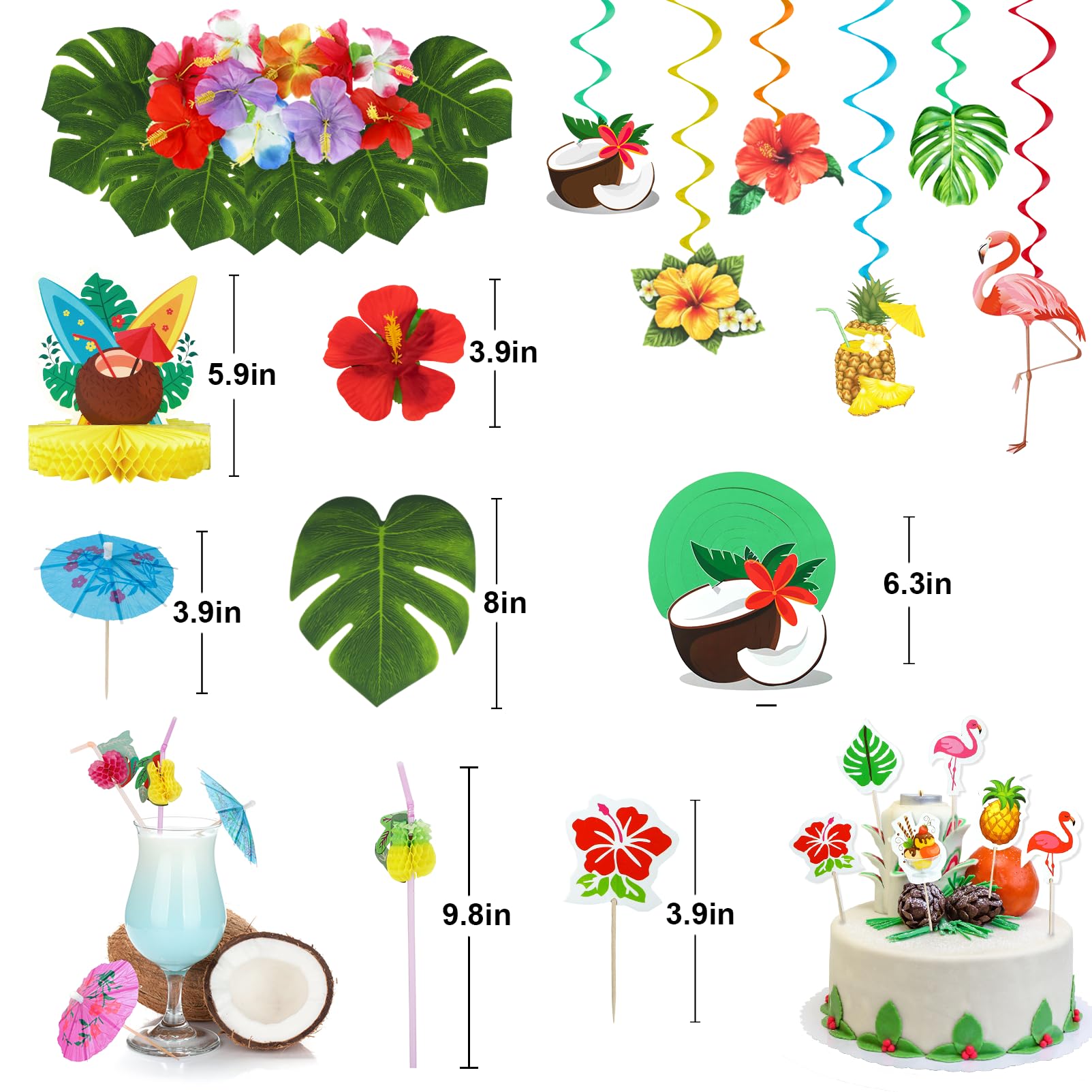 153Pcs Hawaiian Aloha Luau Party Decorations, Tropical Summer Beach Birthday Supplies Grass Table