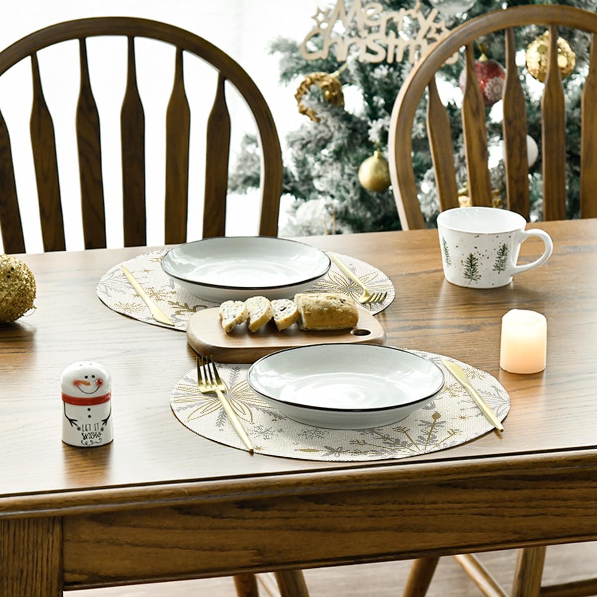 Artoid Mode Beige Snowflake Let It Snow Winter Placemats Set of 4, 15 Inch Seasonal Christmas Xmas Round Table Mats for Dining Decoration