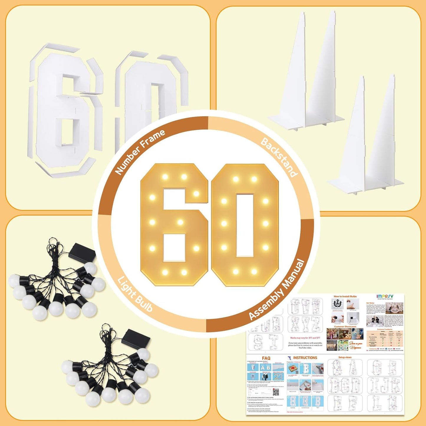 imprsv 4FT Light Up Numbers, Marquee Numbers 60th Birthday Decorations for Women Men, 60th Birthday Women Foam Board Anniversary Party Decorations Arch Kit (DIY)