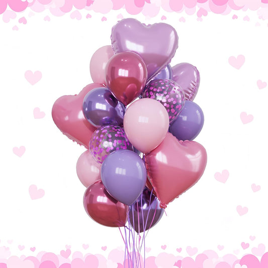 Purple and Pink Balloons Heart Balloons as Princess Birthday Party Decorations, Metallic Magenta Hot Pink Purple Confetti Balloon 18 inch Clear Heart Shape Balloon for Girls Happy Birthday Party Decor