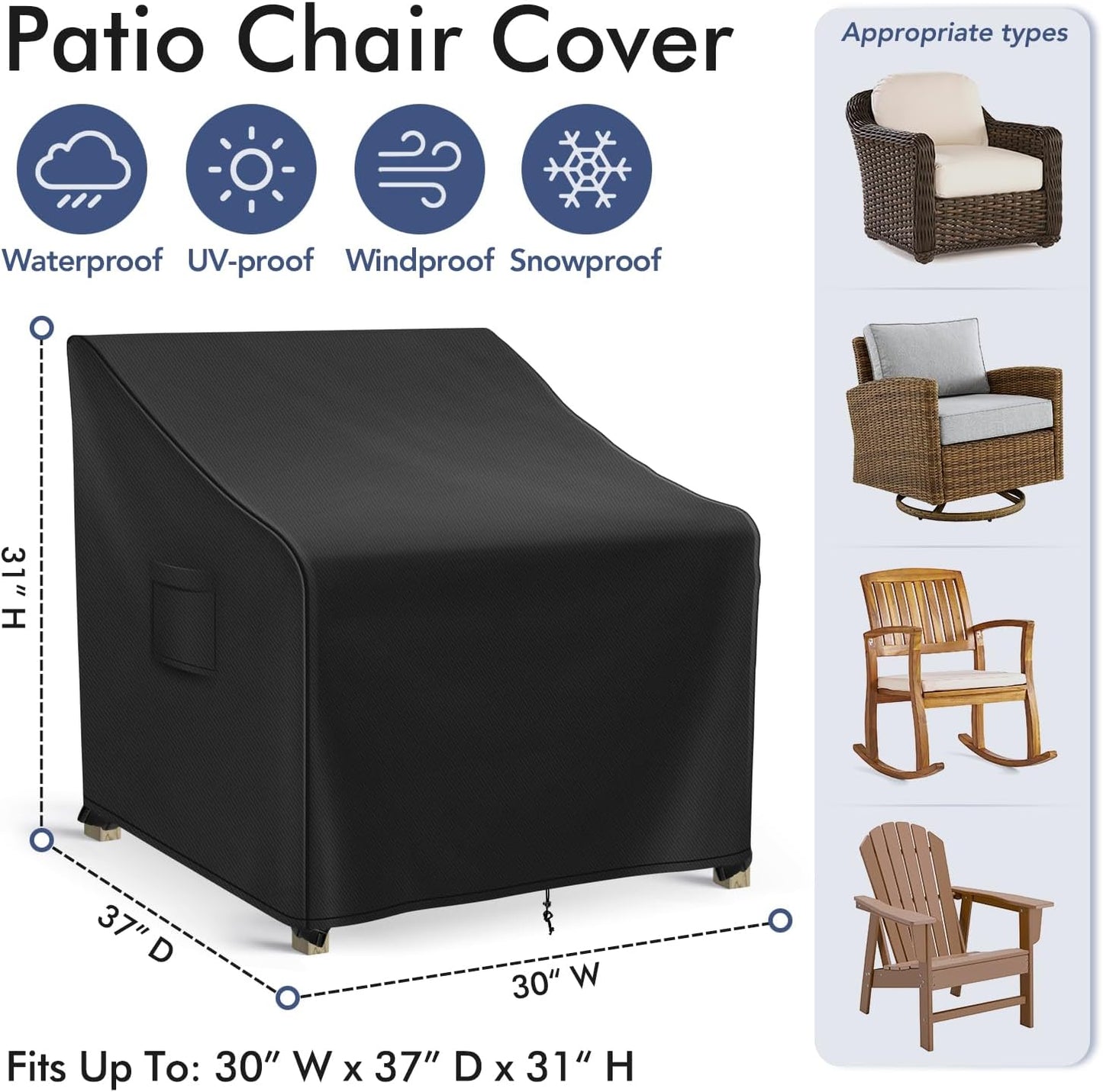 Patio Furniture Covers Waterproof for Chairs, Lawn Outdoor Chair Covers 2 Pack, Patio Chair Covers for Outdoor Furniture Fits up to 30W x 37D x 31H inches, Black