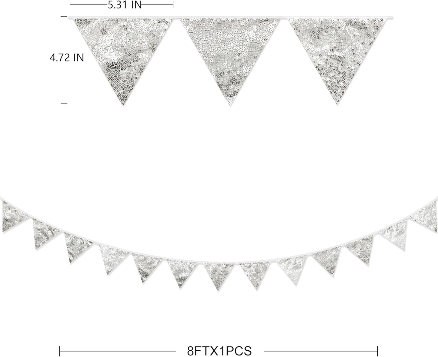 Pinkblume Double Sided Sequin Fabric Triangle Pennant Banner Flag Bunting Garland for Silver Theme Nursery Classroom Home Bedroom Wall Holiday Christmas Decor