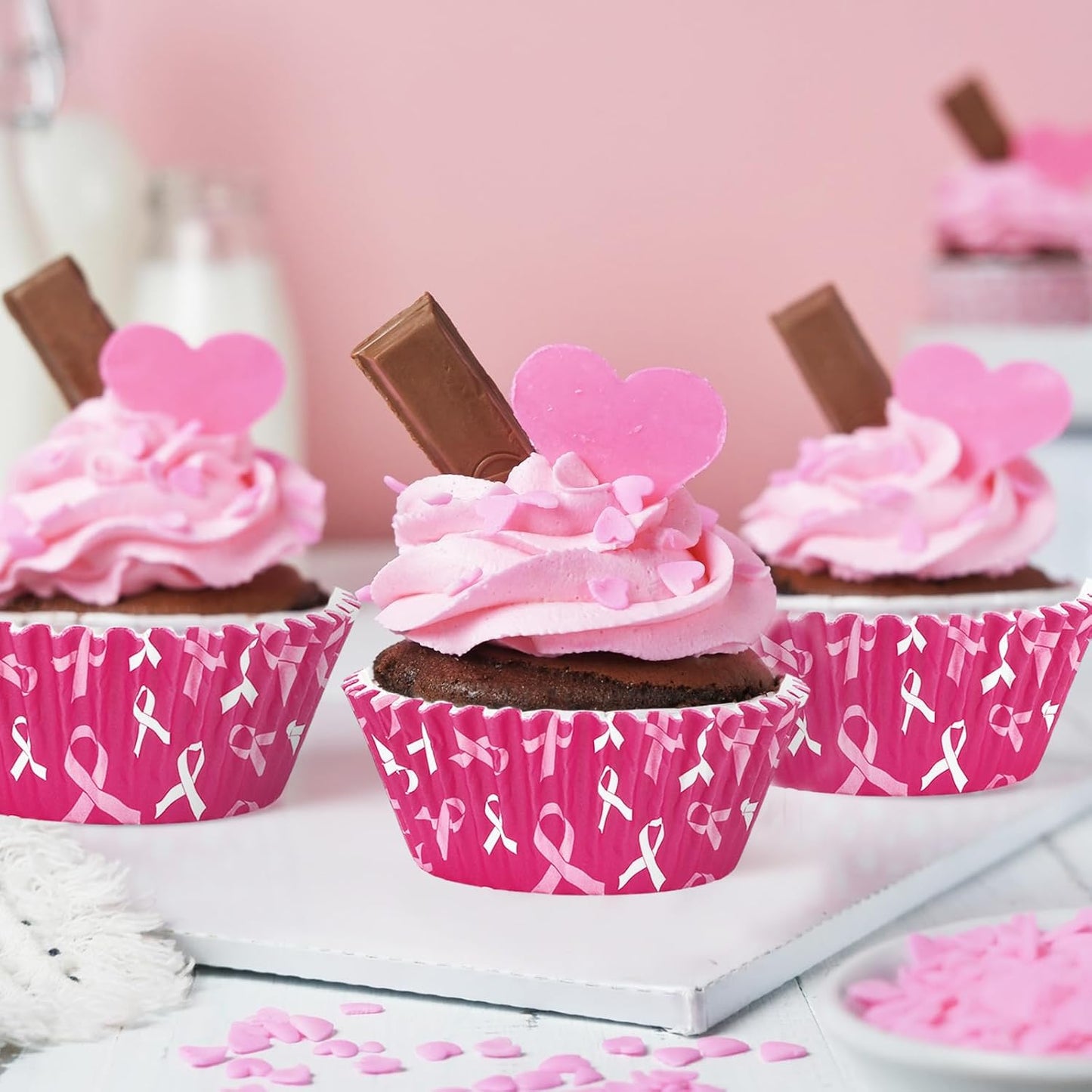 Whaline 300 Pcs Breast Cancer Awareness Cupcake Liners Pink Ribbon Cupcake Wrappers Muffin Liners for Women Breast Cancer Awareness Supplies, 2 x 1.2 Inch