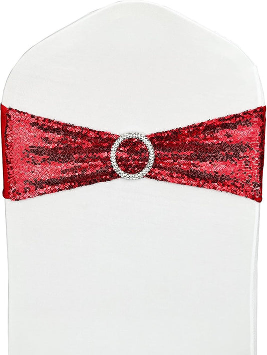 Sequin Chair Sashes Stretch Chair Bands Spandex Polyester Bows for Party Hotel Wedding Banquets Decoration - 6 Pcs Red