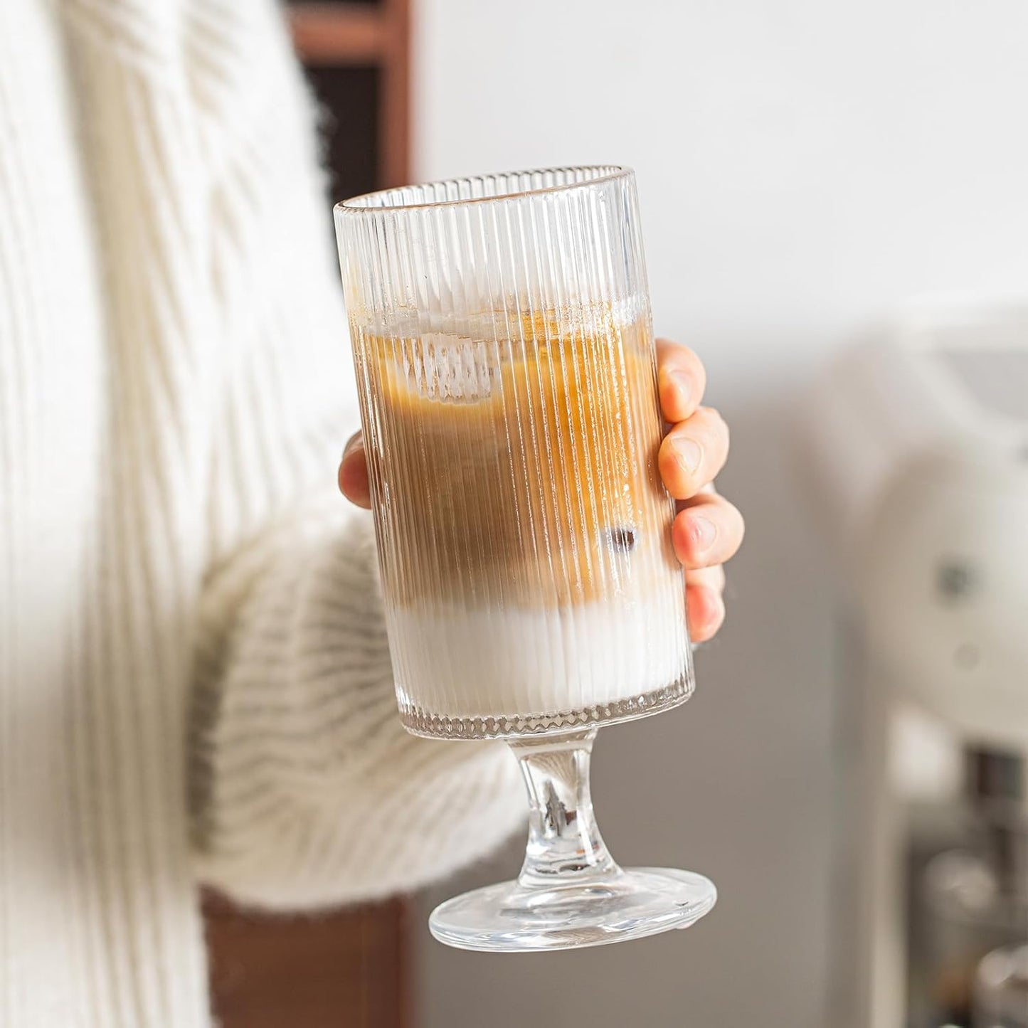 INSETLAN Set of 8 Ribbed Glass Goblets–4 Goblets Glassware 12oz, 4 Short Stem Wine Glasses 10oz, Vertical Stripe Stemmed Glassware, Ideal for Juice, Water, Iced Coffee, Whiskey, Mixed Drinkware