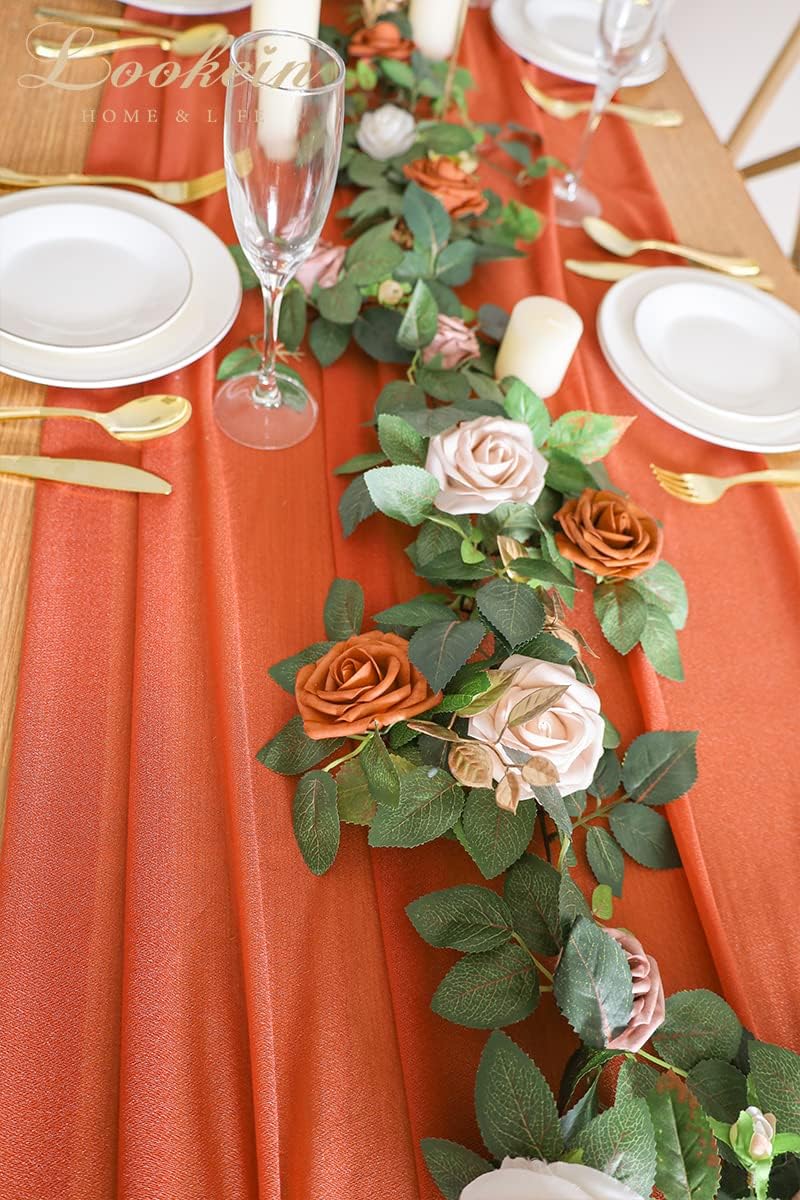 Lookein 5FT Artificial Rose Flower Garland for Table Centerpieces Backdrop Arch Flowers Decorations Wedding Ceremony Reception Table Decor, Terracotta