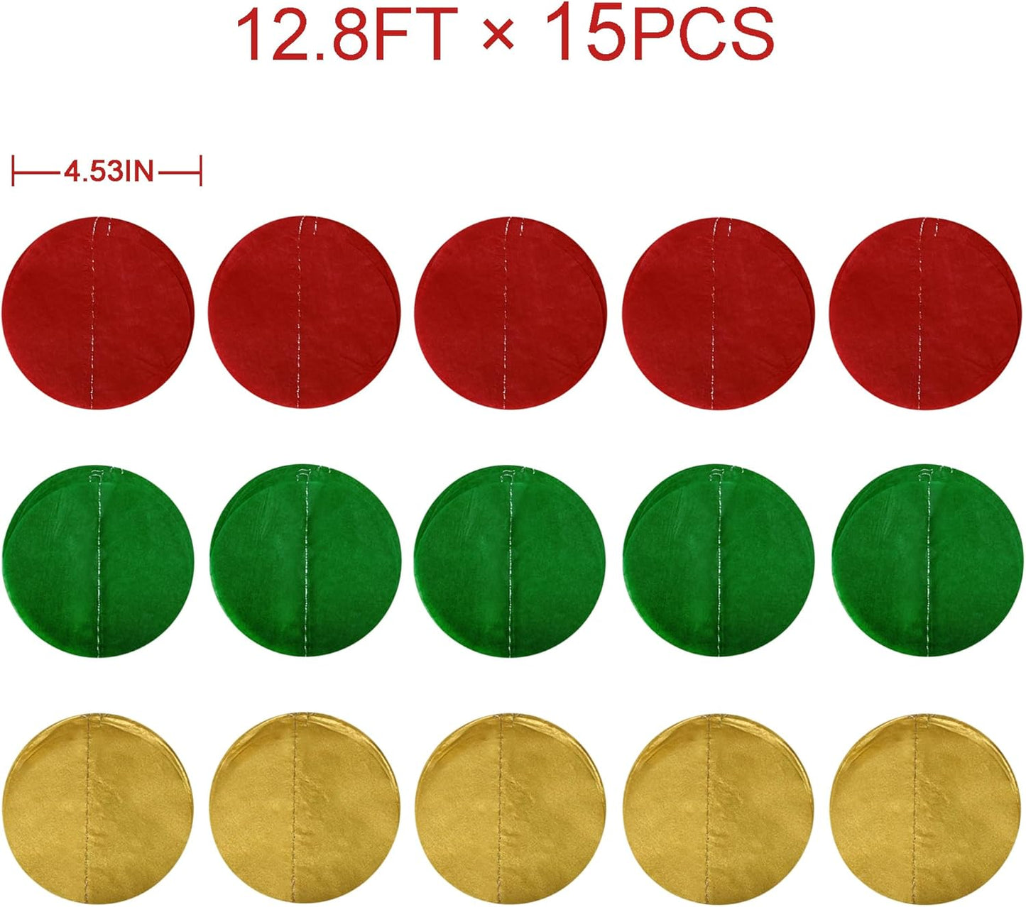 192Ft Christmas Party Decorations Red Green Metallic Gold Tissue Paper Big Polka Dots Backdrop Streamer Circle Dots Hanging Garland for Xmas Holiday Birthday Baby Shower Wedding Hen Party Supplies