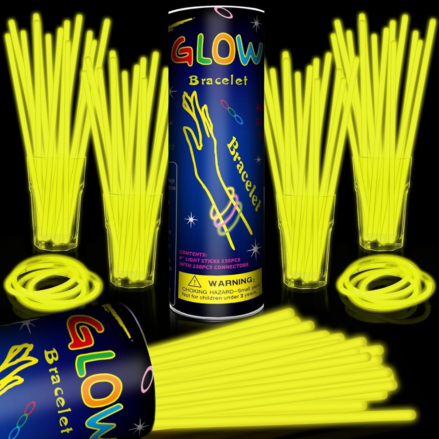 200 Pack 8'' Glow Sticks Bulk Party Favors Yellow Light Up Sticks with Connectors Neon Glow in the Dark Party Supplies Bracelets for Holiday Birthday Party Decoration(Yellow)