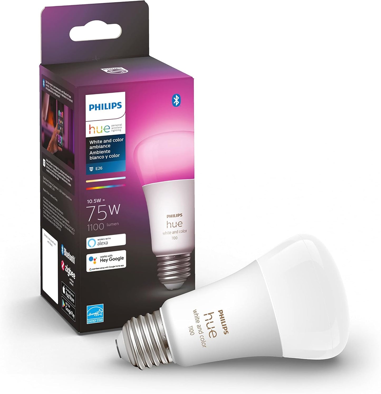 Philips Hue White and Color Ambiance BR30 1-Pack Bluetooth & Hue Smart 75W A19 Bulb 1 Pack 1100LM White and Color