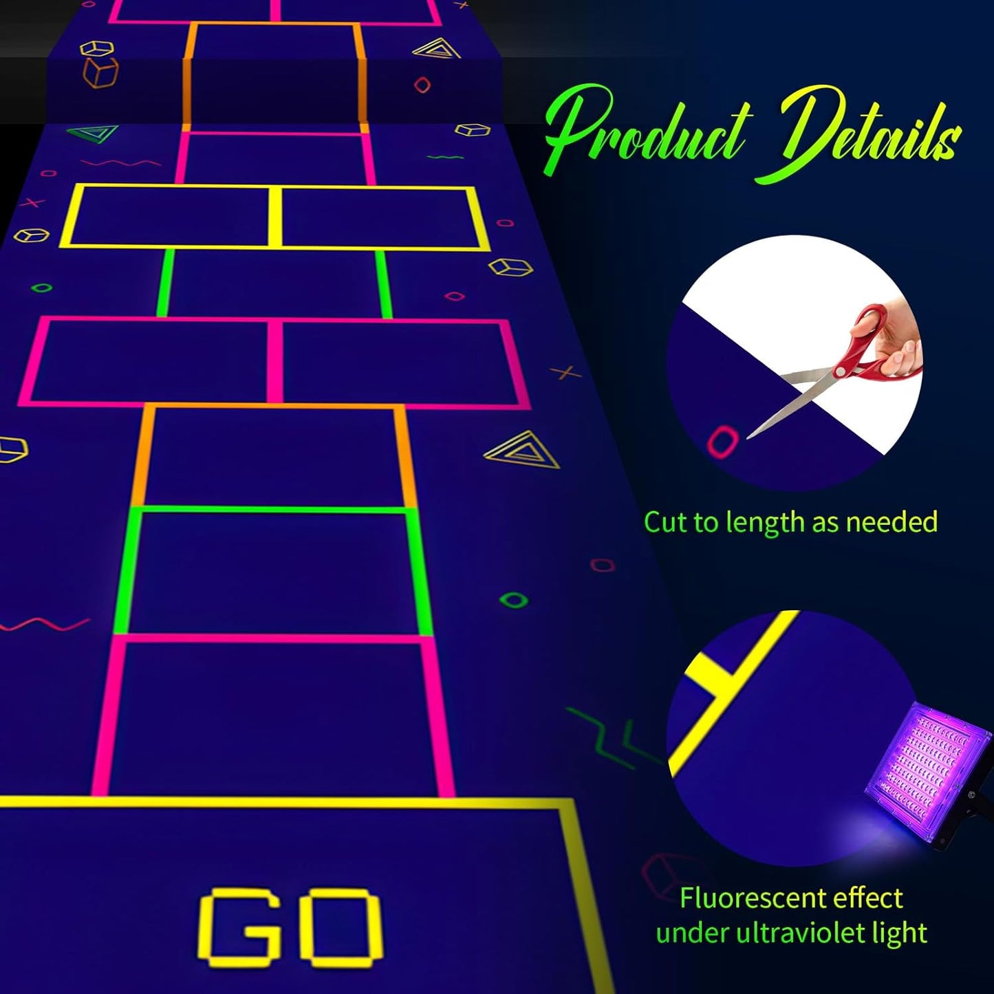 Haull 118 x 39 Inch Neon Light up Dance Floor Glow in The Dark Runner UV Reactive Blacklight Floor Aisle Runner Decor Wall Props for 80s 90s Neon Birthday Party Decorations(Hopscotch)