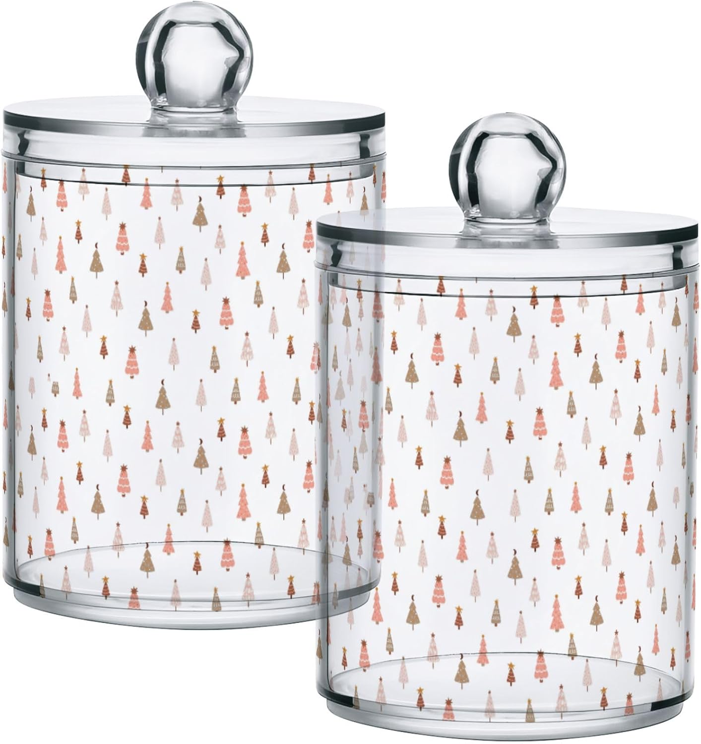 Gredecor 2 Pack Qtip Holder Clear Pastel Christmas Tree Pink Forest Apothecary Jars with Lids Acrylic Christmas Winter Bathroom Jars Vanity Canister Storage Organizer for Cotton Ball,Swabs,Pads,Floss