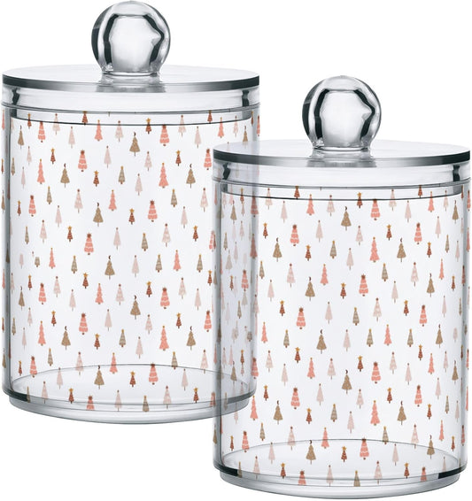 Gredecor 2 Pack Qtip Holder Clear Pastel Christmas Tree Pink Forest Apothecary Jars with Lids Acrylic Christmas Winter Bathroom Jars Vanity Canister Storage Organizer for Cotton Ball,Swabs,Pads,Floss