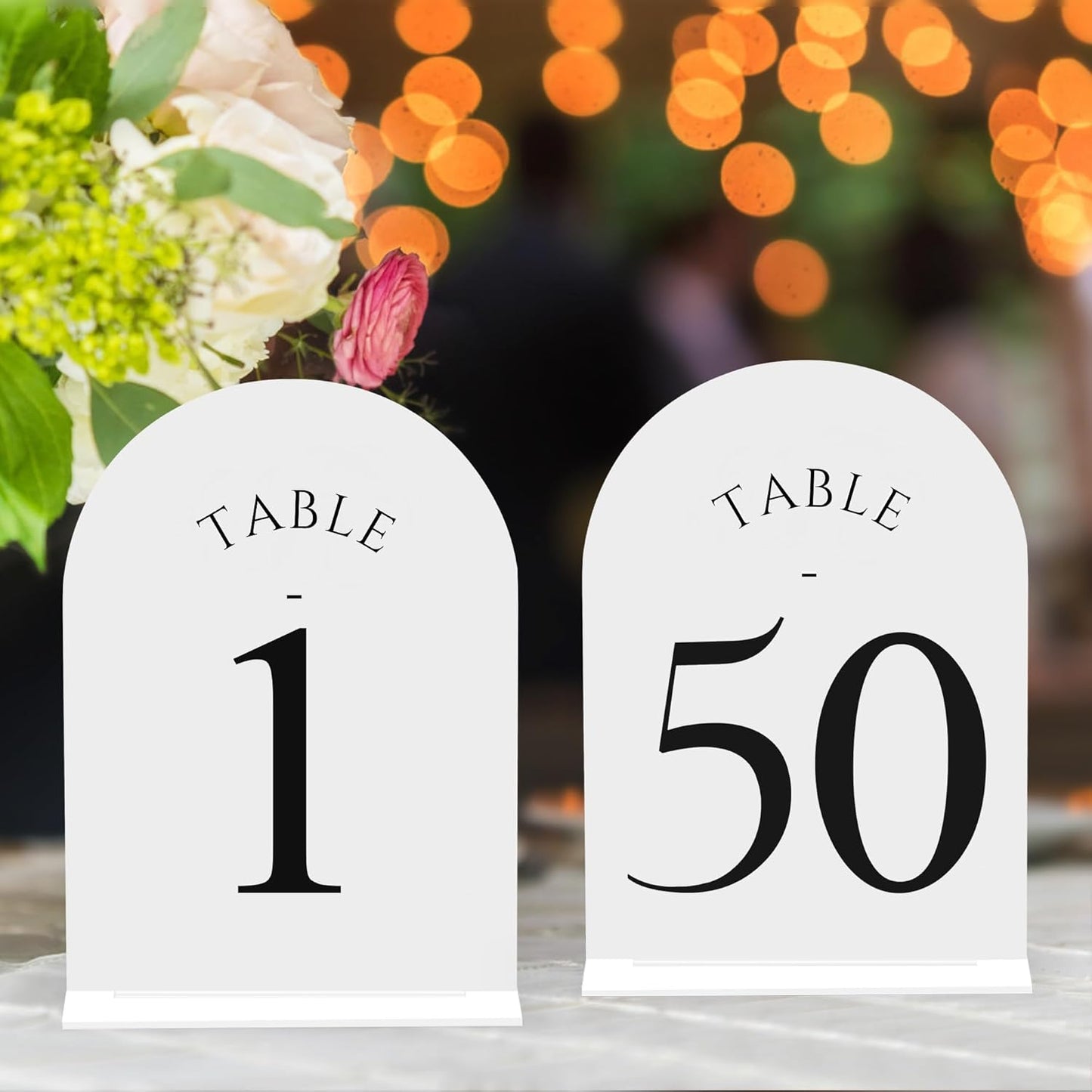JOYIT Arch Wedding Table Numbers 1-50 with Stands – Double-Sided Printed 5" X 7" Acrylic Signs with White Background and Black Text, Perfect for Wedding Receptions, Parties, Anniversaries, and Events
