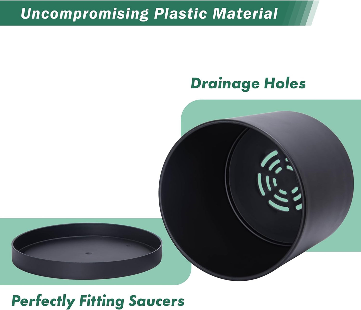 D'vine Dev 2 Pack 6.5 Inch Modern Plastic Plant Pots, Small Garden Planters for Plant with Drainage Holes and Saucers, Black Color, 74-Y-L-1