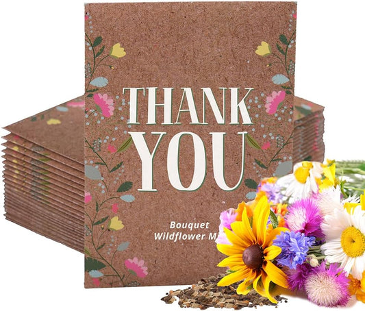 Bentley Seed Co. Thank You Natural Brown - Bouquet Wildflower Seed Packets - 25 Seed Packs - Perfect Eco-Friendly Gift for Gardeners & Friends - Non GMO Seeds