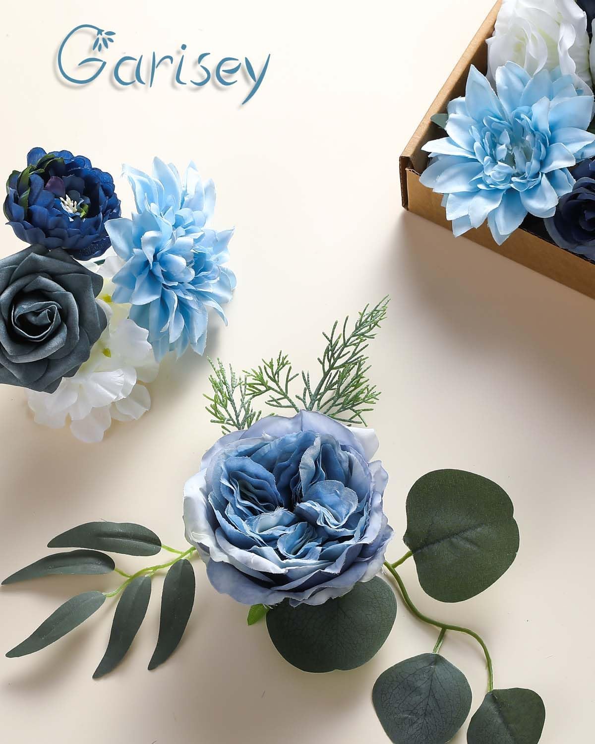 Artificial Flowers Combo Box Set Dusty Blue Flowers for DIY Wedding Bouquet Arrangements Bridal Shower Party Home Decorations(White Blue Rose)