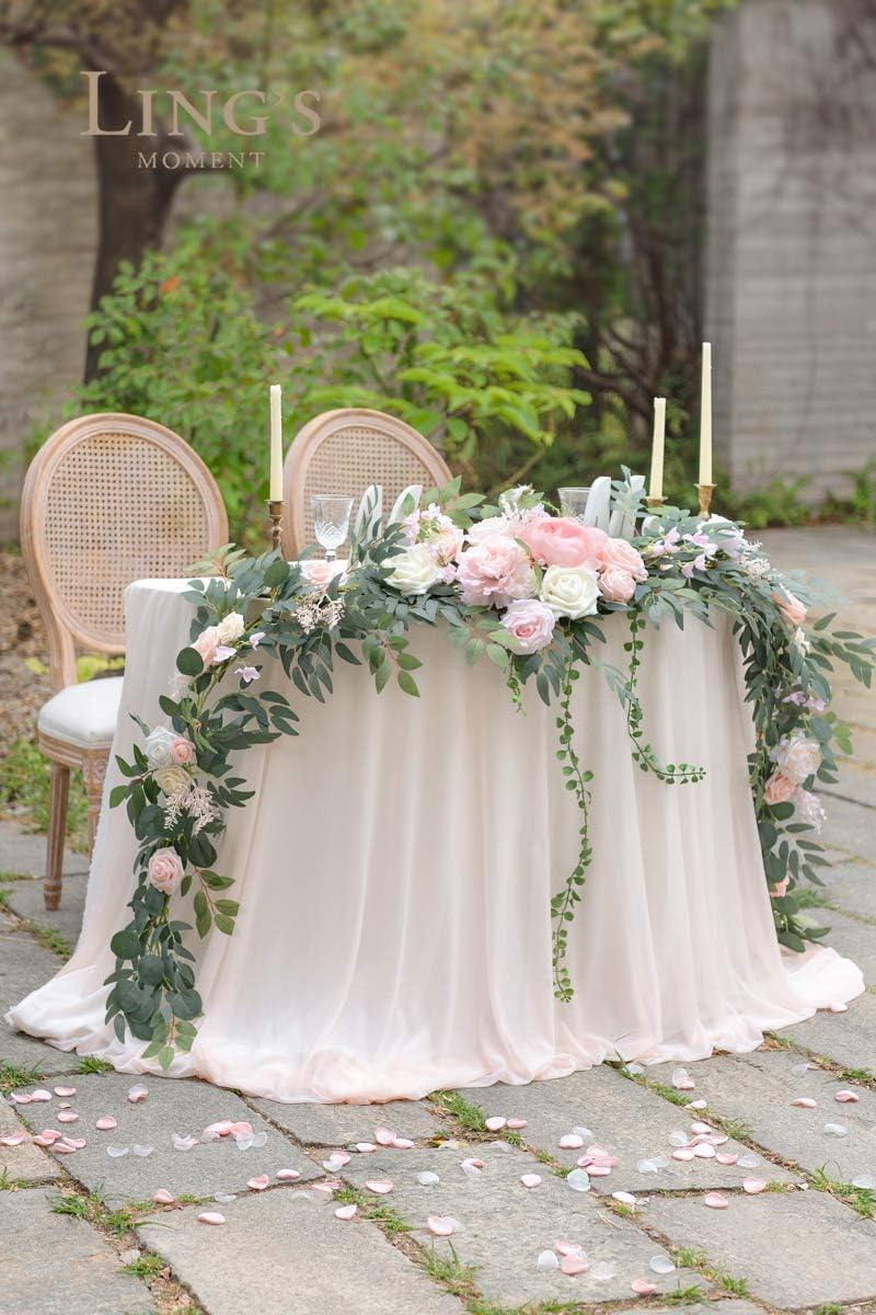 Ling's Moment 9FT Flower Garland for Backdrop Decorations - Wedding Arch Flowers, Eucalyptus & Rose, Artificial Floral Garland for Mantle - Sweetheart Table Decor for Ceremony Reception, French Pink