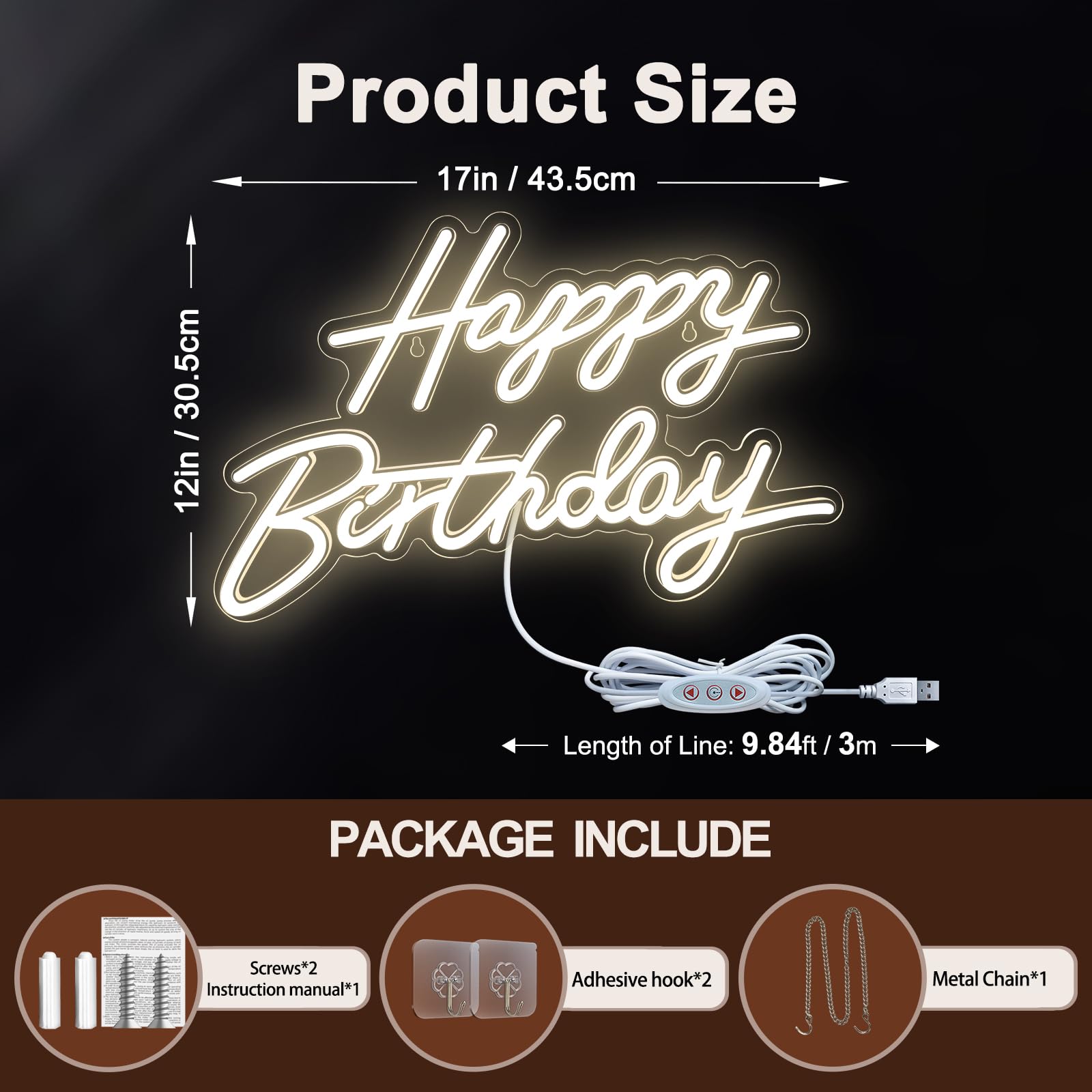 Happy Birthday Neon Sign for Wall Decor, LED Happy Birthday Light Up Sign, Dimmable LED Birthday