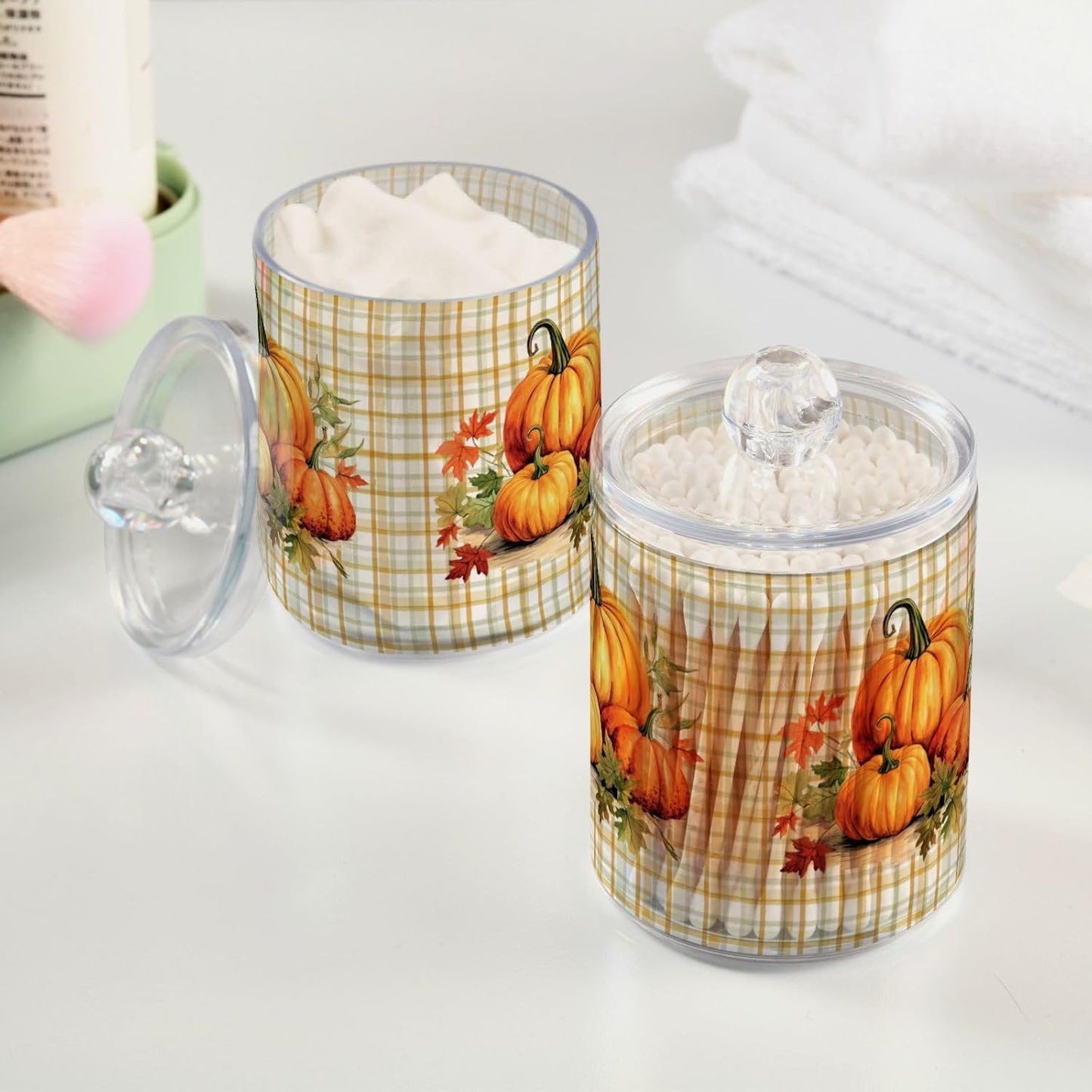 Gredecor 4 Pack Apothecary Jars with Lid Pumpkins Gingham Plaid Qtip Holder Dispenser Storage Containers Clear Plastic Rustic Fall Autumn Thanksgiving Theme Canisters for Bathroom Vanity Organization