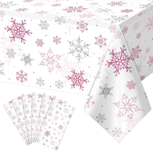 6 Pcs Christmas Snowflake Party Tablecloths Decorations,Plastic Pink Winter Onederland Rectangle Table Cover for Christmas New Year Girls 1st Birthday Baby Shower Holiday Party Decorations,54x108 inch