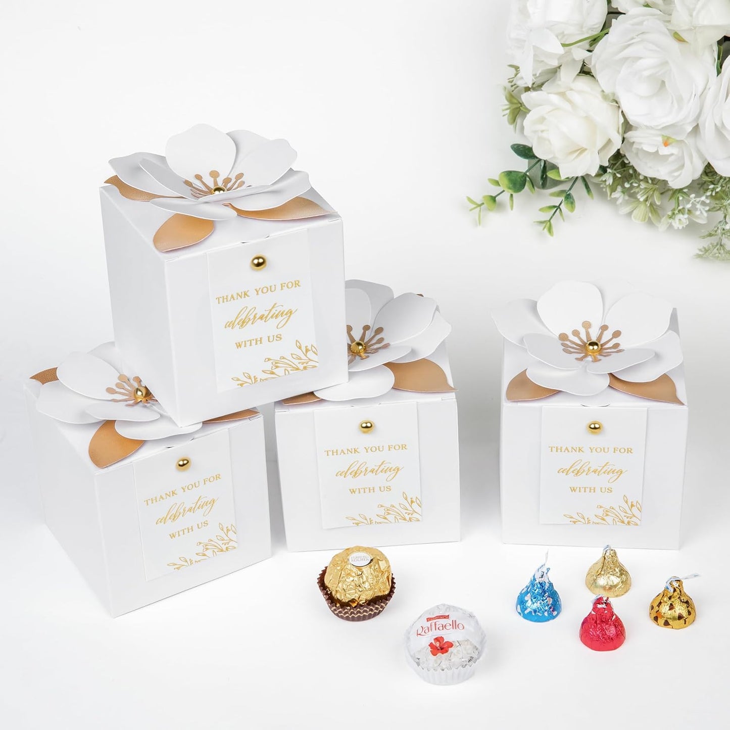 FEIYI 20 PCS White Gift Boxes, 3 In 1 Favor Boxes with Floral Decor, White Thank You Tags Cupcake Containers Gift wrapping for Wedding, Baby Shower, Birthday, Decorations Party - 3.55x3.55x3.55