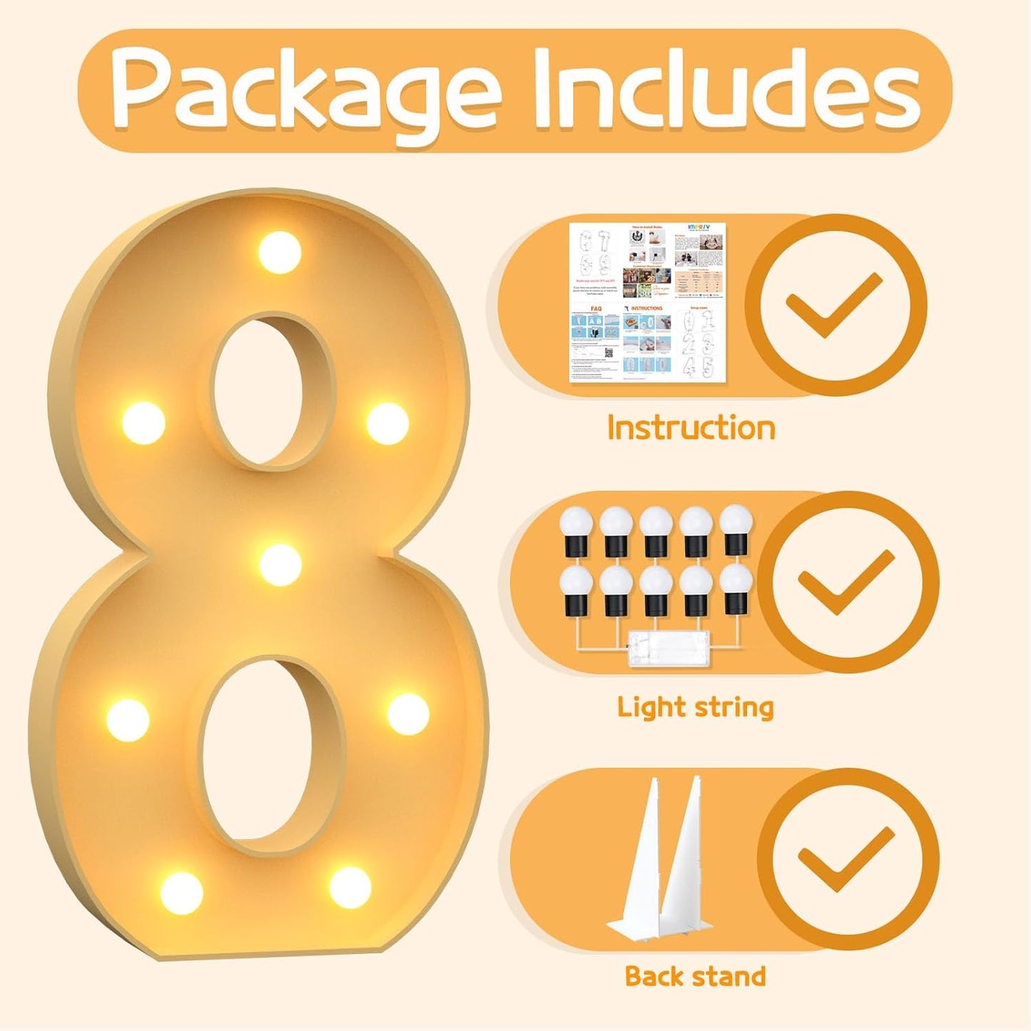 Marquee Numbers 3 Feet Tall Large Light Up Numbers 8th 18th 80th Birthday Decorations Girl Boy Big Yellow Light Outdoor Anniversary Decorations Balloon Arch Kit Party Backdrop 8