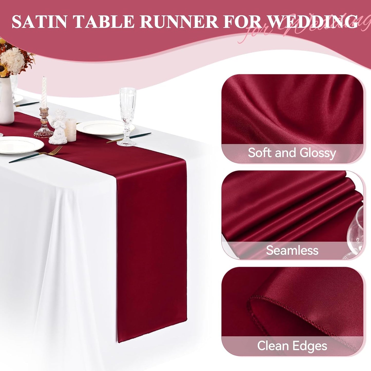 20 Pack Burgundy Satin Table Runner,12 x 108 inch Long Premium Smooth Burgundy Table Runners for Wedding, Banquets, Birthday, Party, Engagements,Table Runners fit Rectangle and Round Table
