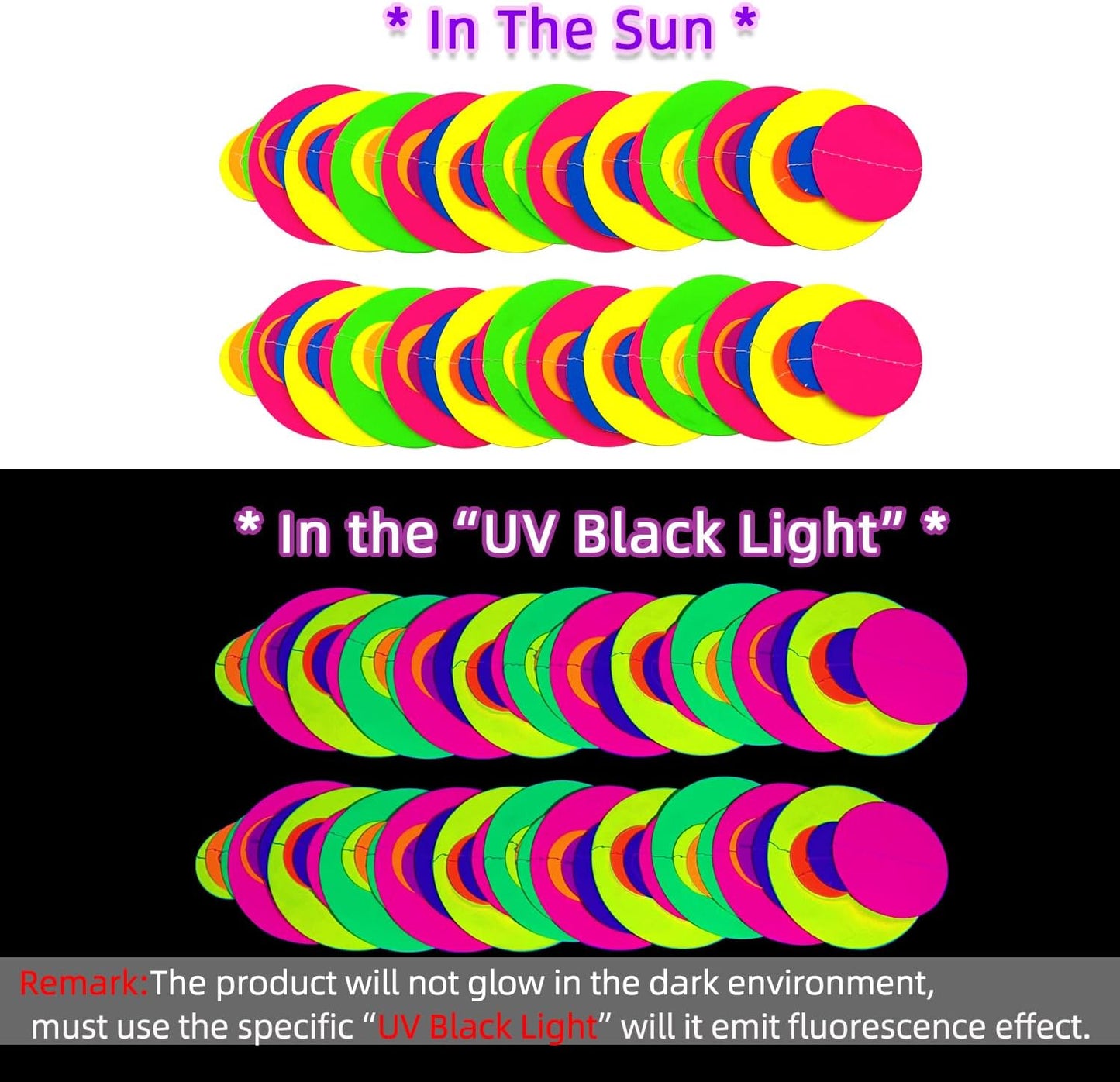 120feet UV Round Dot Paper Neon Garland Neon Streamers Decorations UV Reactive Black Light Party Favors Glow in The Dark Party Supplies for Wedding Birthday Garlands