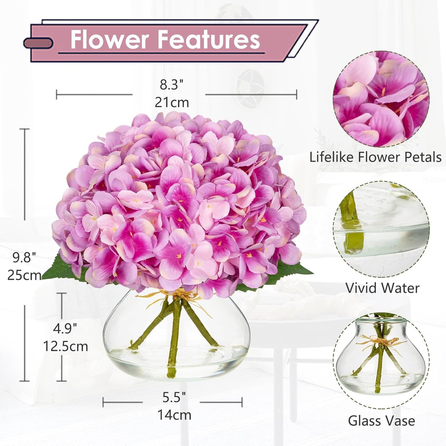Hollyone Hydrangea Artificial Flowers with Glass Vase Purplish Pink Silk Faux Flowers Arrangements in Vase with Faux Water Fake Floral Bulk Bouquet for Home Decor Table Centerpiece Decorations