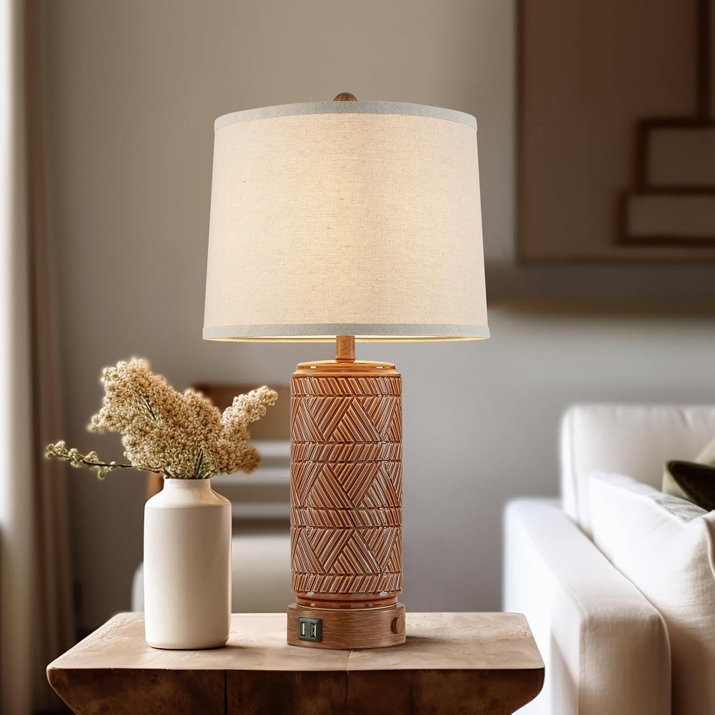 RORIA Set of 2 Vintage Touch Table Lamps for Living Room, 3 Way Dimmable Nightstand Lamp with 2 USB Port, Farmhouse Rustic Boho Ceramic Desk Lamps for Bedroom End Table, Bulbs Included