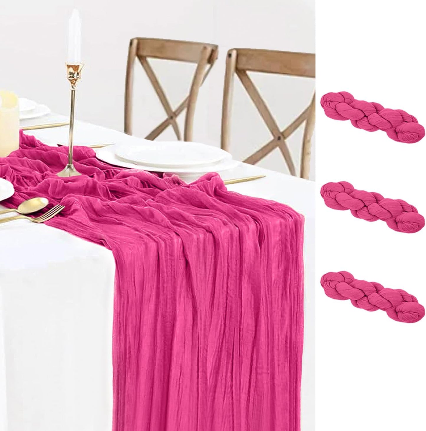 3 Pack Hot Pink Cheesecloth Table Runner Summer Sheer Fuschia Cheese Cloth Table Runner Boho Gauze 120 Inches Summer Table Decorations for Weddings Bridal Baby Shower Birthday Parties