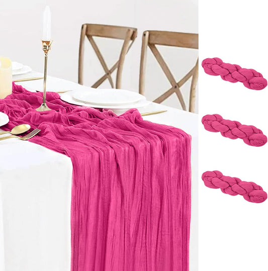 3 Pack Hot Pink Cheesecloth Table Runner Summer Sheer Fuschia Cheese Cloth Table Runner Boho Gauze 120 Inches Summer Table Decorations for Weddings Bridal Baby Shower Birthday Parties