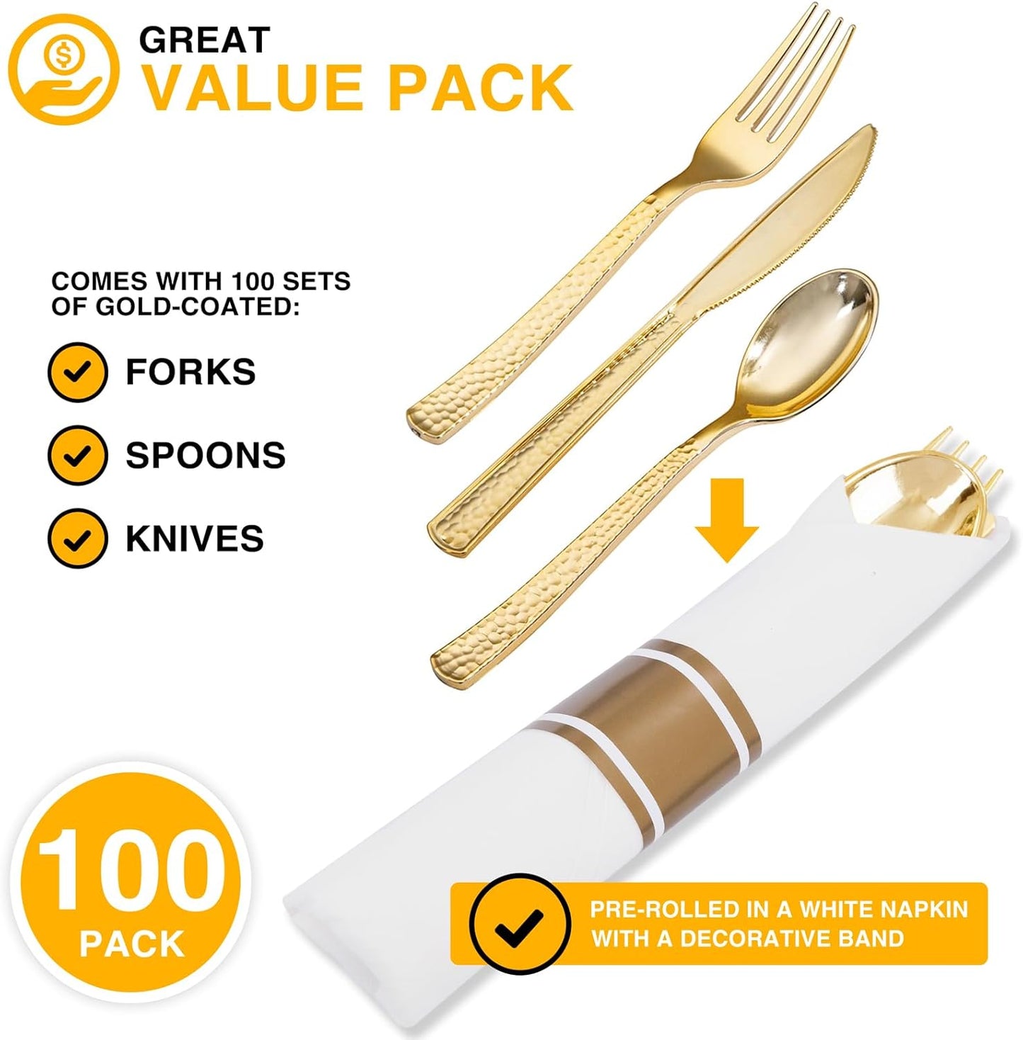 400PCS Pre Rolled Gold Plastic Silverware Sets - Heavy Duty Hammered Gold Cutlery Include 100 Pack Wrapped Disposable Utensils with Napkins for Parties, Dinners & Weddings