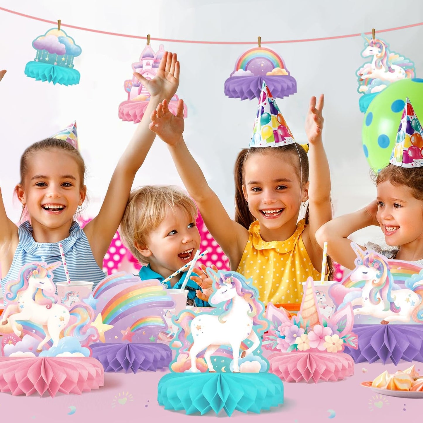 Unicorn Birthday Party Supplies Set - Rainbow Table Decorations with Honeycomb Centerpiece for Unicorn Party Decorations