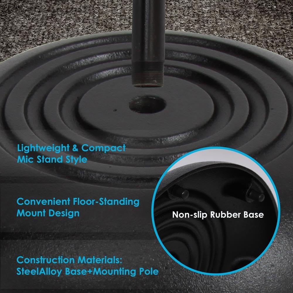 Pyle Adjustable Microphone Stand - Universal Mic Stand with Compact Heavy Base, Floor Standing Design, Height Adjustable, Pivot Angle Clip for Singing & Recording (2.8??- 5??ft., 9.8??Base Diameter)