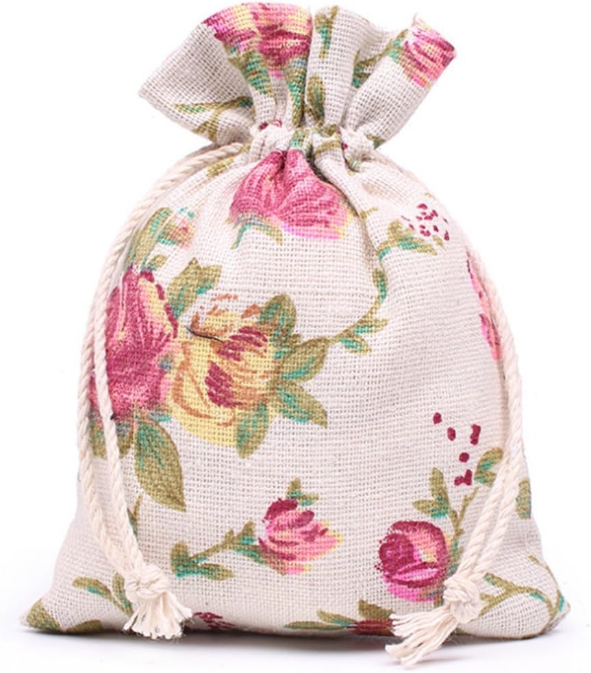 KUPOO 50PCS Rose Drawstring Bags Burlap Flower Pouch Bags Gift Bags Jewelry Pouches for DIY Craft Wedding Party, 5.5X3.9 Inches (5.5X3.9)