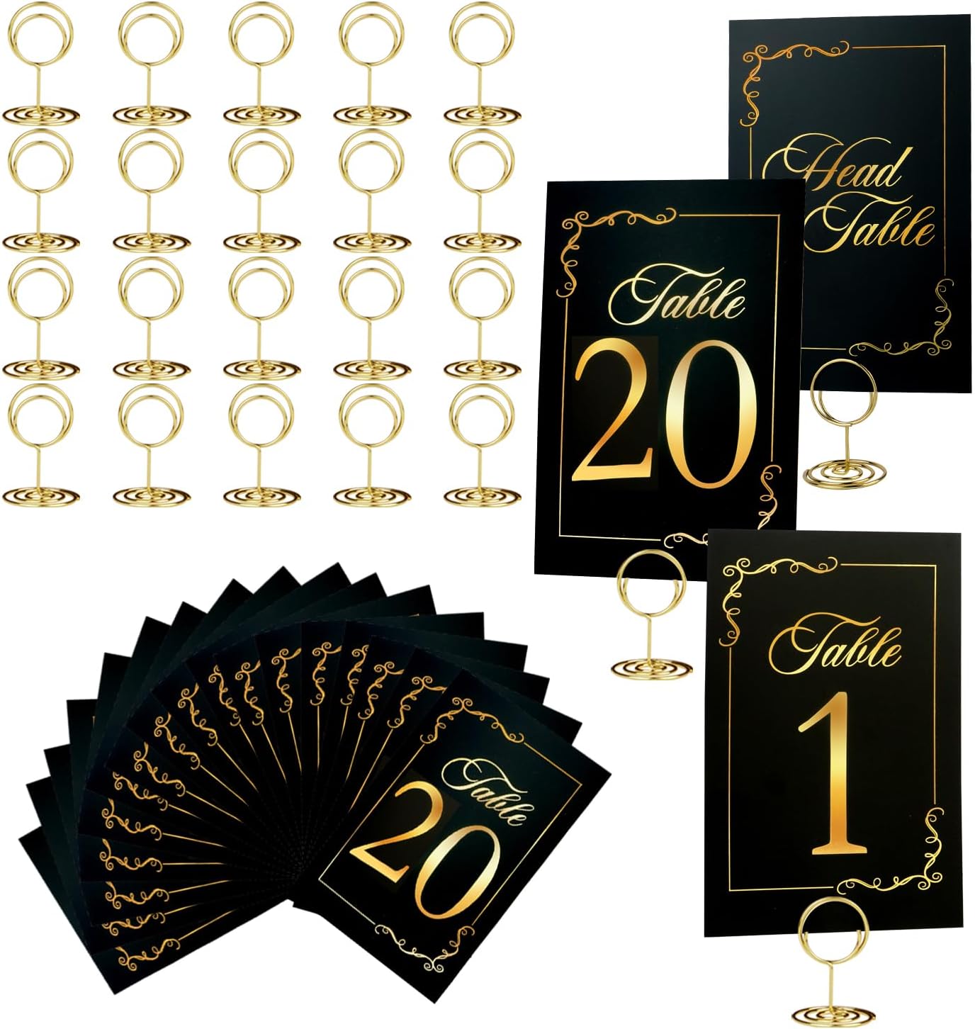 Black Gold Wedding Table Numbers 1-20 With 21 Gold Holders - Set of 21 Table Cards for Wedding Reception