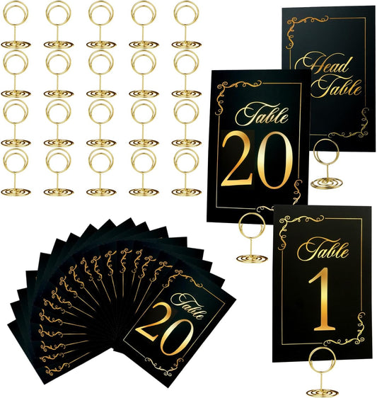 Black Gold Wedding Table Numbers 1-20 With 21 Gold Holders - Set of 21 Table Cards for Wedding Reception